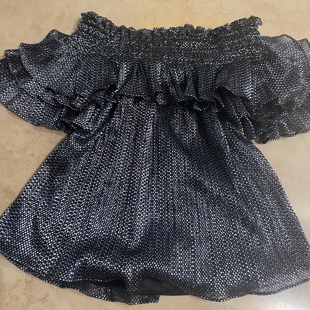 PARKER NAVY AND SILVER OFF THE SHOULDER TOP